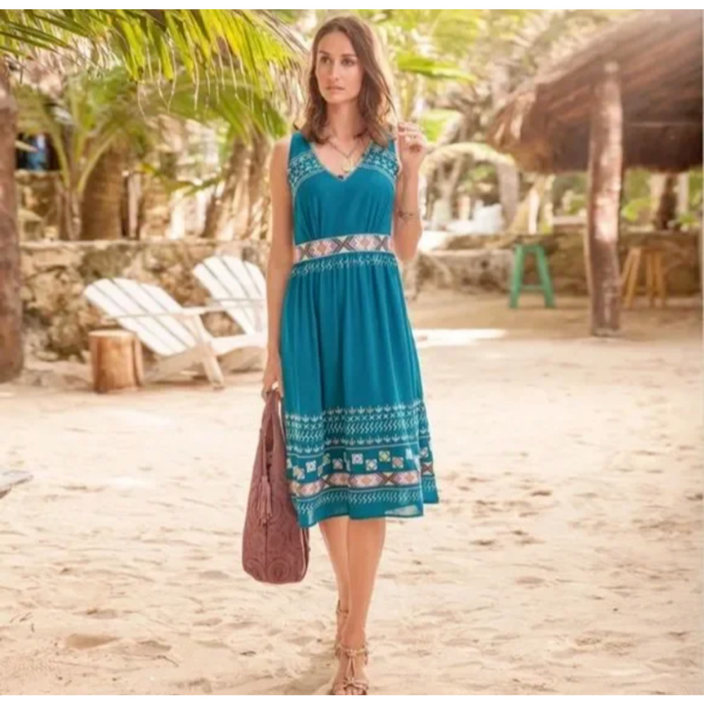 Sundance Teal Embroidered Aztec Minos Midi Dress Size 12 Size Zipper